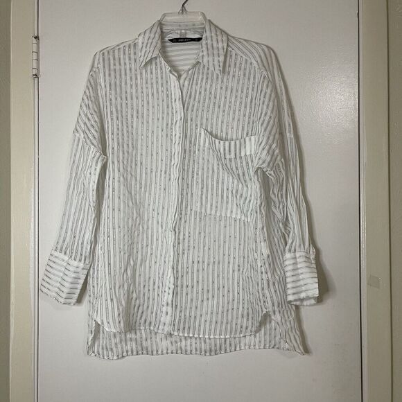 ZARA white shimmer stripe button down lightweight blouse shirt size small - Picture 1 of 6